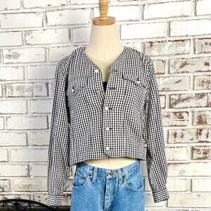 Vintage 90s Gingham Black White Pearl Button Cotton Lightweight Jacket Petite